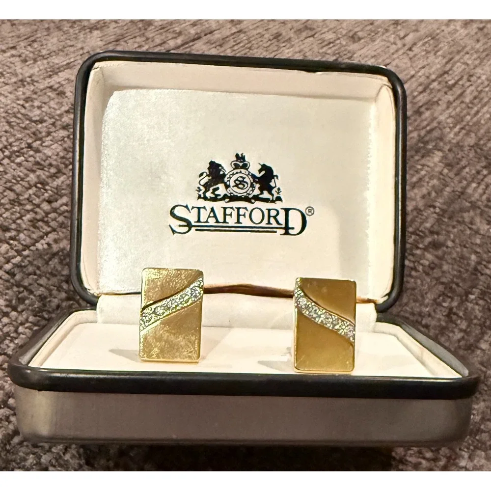 Vintage Stafford Gold Tone Rhinestone Rectangle Enamel Cufflinks Original Box